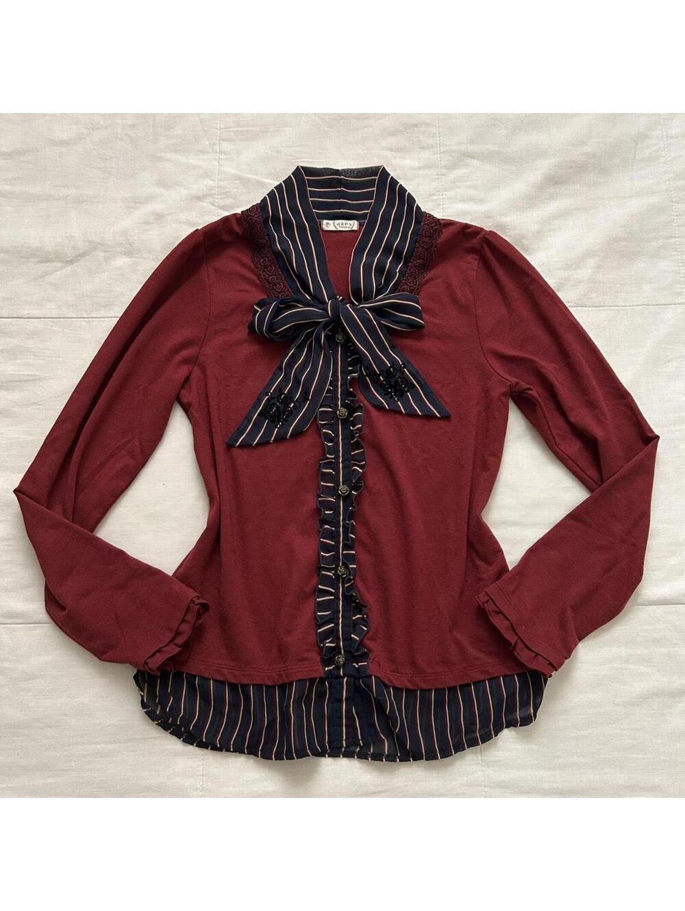 Axes Femme Red and navy striped tie blouse with bow detail